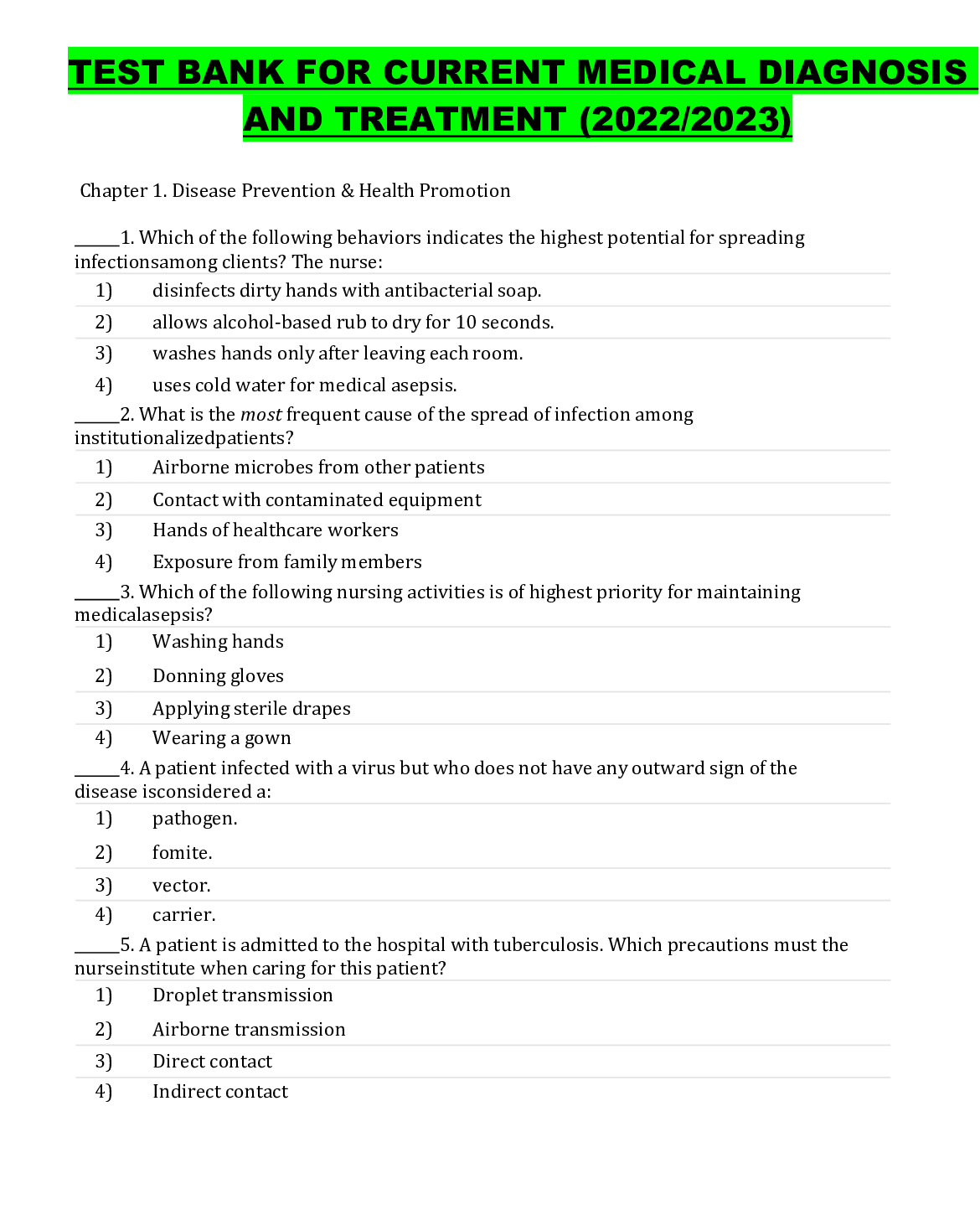 Preview image for TEST BANK FOR CURRENT MEDICAL DIAGNOSIS AND TREATMENT (2022/2023)